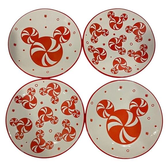 Disney MICKEY PEPPERMINT Appetizer Plates 6in Ceramic Set of 4 Holiday Red White - Picture 1 of 5